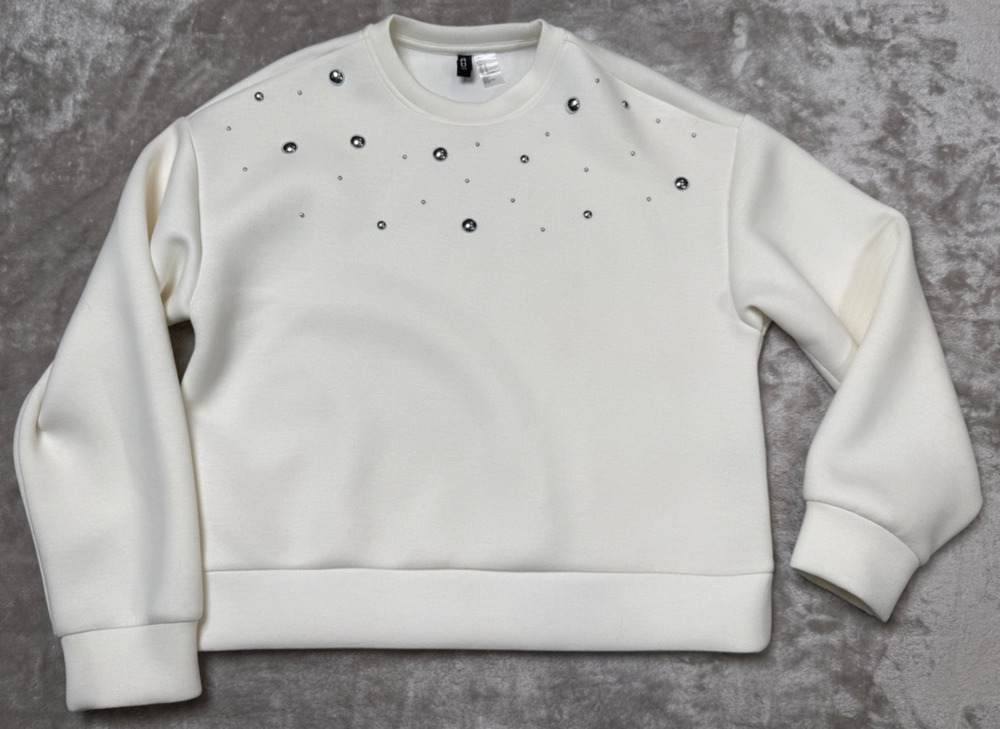 H&M Ivory Scuba Knit Sweatshirt Silver Applique Bubbles Womens Size M